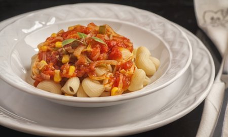 La Salsa de Elote con Jitomate servida con pasta