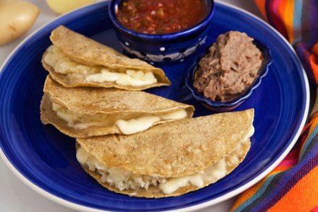 Potato Quesadillas, refried beans and salsa